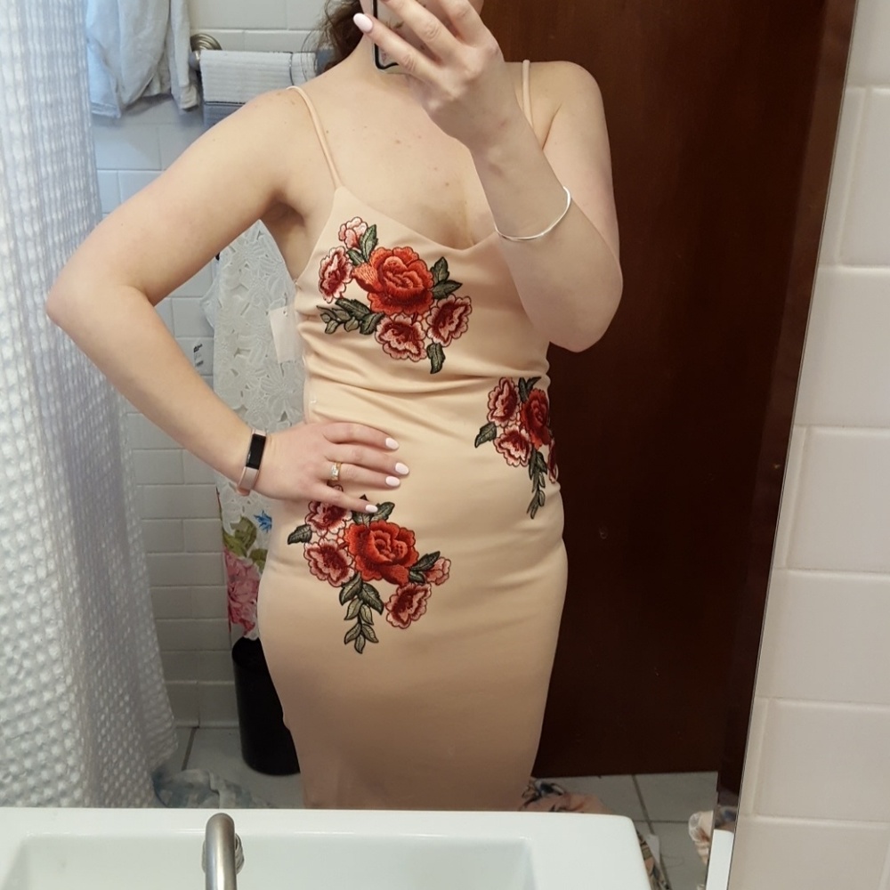Nude dress with red rose accents